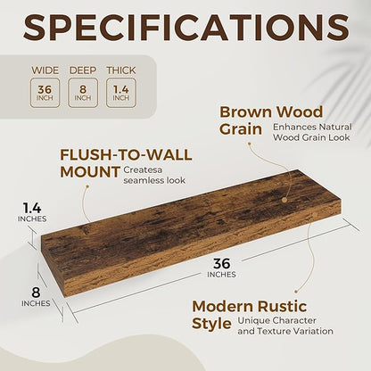Dreamland 36 inch Floating Shelves Wall Shelves for Office with Invisible Brackets, 8 inch Deep Shelves for Bathroom, Living Room, Kitchen, Office, 36x7.9 inch deep Set of 2, Brown