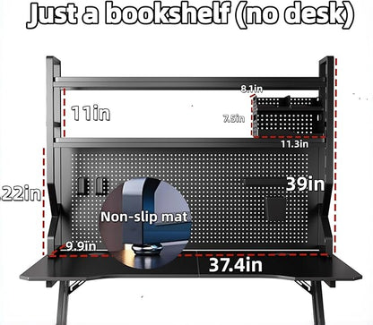Desktop Hutch Bookshelf,Many Gifts,Metal Desktop Bookcase with pegboard, Desk Shelf Black, Countertop Storage Organizer Rack for Dorm or Office,Desktop Shelves(Black, 37.4" Lx9.9 Wx39 H)