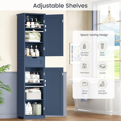 Iwell 67" Tall Bathroom Cabinet, Storage Cabinet with 2 Doors & 1 Drawer, Bathroom Storage Cabinets with Adjustable Shelves, for Living Room, Laundry Room, Home Office, Blue