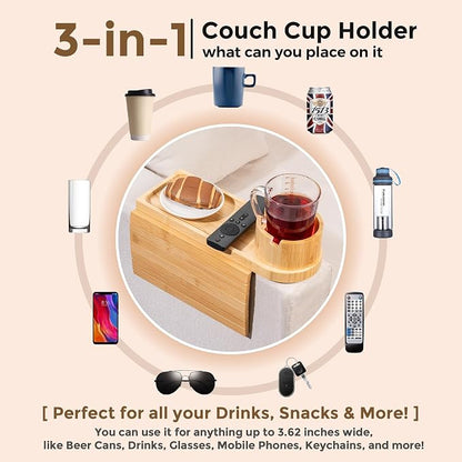 Couch Cup Holder Tray for Armrests Over 4.9" Wide, Bamboo Couch Arm Tray with 360° Rotating Phone Stand, 3 in 1 Foldable Sofa Arm Tray Table for Remote, Snacks, Phone, Drinks Natural