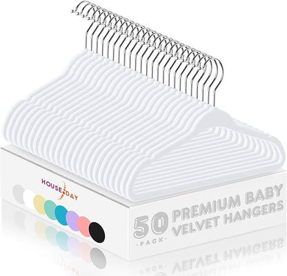 HOUSE DAY 11 Inch Velvet Baby Hangers 50 Pack White, Premium Kids Hangers for Children, Infant & Toddler Clothes, Durable Non Slip Small Baby Felt Hanger for Closet, Ideal for Everyday Use