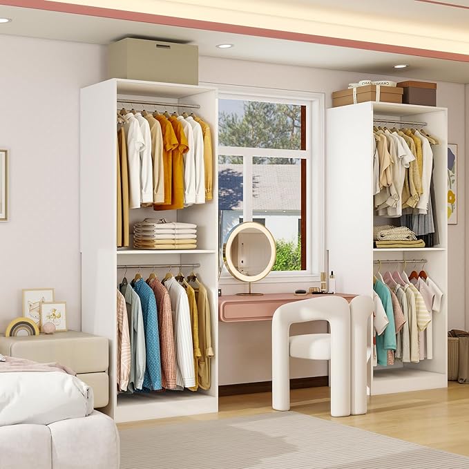 Closet System with 6 Hanging Rods& Shelf, 4FT Small Closet Organizer System Wood with Extra Side Hanging Rod for Walk in Closet Storage, Modular Closet Systems, White(4FT)