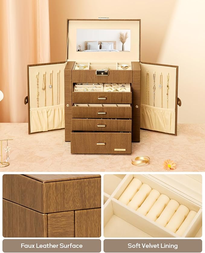 Homde Mothers Day Gifts Synthetic Leather Huge Jewelry Box Mirrored Watch Organizer Necklace Ring Earring Storage Lockable Gift Case (Brown + Gold)