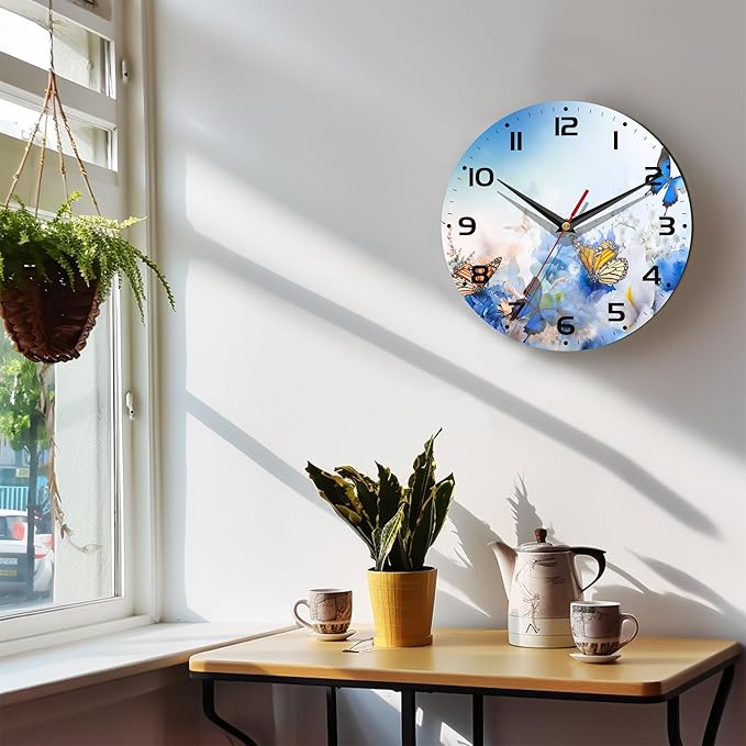 Wall Clock, 10 Inch Silent Non-Ticking Home Kitchen Decor, Battery Operated for Bathroom Bedroom Living Room Office(Butterfly Flower Daisies)