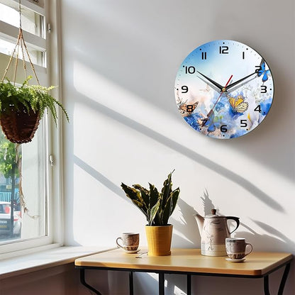 Wall Clock, 10 Inch Silent Non-Ticking Home Kitchen Decor, Battery Operated for Bathroom Bedroom Living Room Office(Butterfly Flower Daisies)