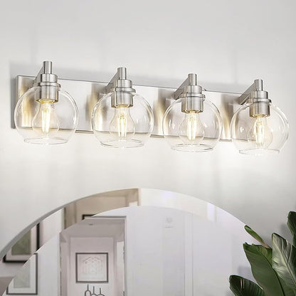 Bathroom Light Fixtures, 4 Light Brushed Nickel Vanity Light, 26 Inch Modern Wall Sconces with Globe Clear Glass Shade, Vanity Lighting Fixtures Over Mirror, VL195-BN-CL-4