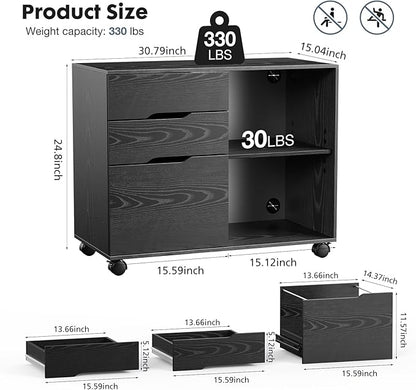DUMOS Lateral File Cabinet with 3 Drawers Rolling Filing Cabinets Under Desk Storage Printer Stand Wood Organizer with Wheels Adjustable Shelf for Office Home Small Space, Black