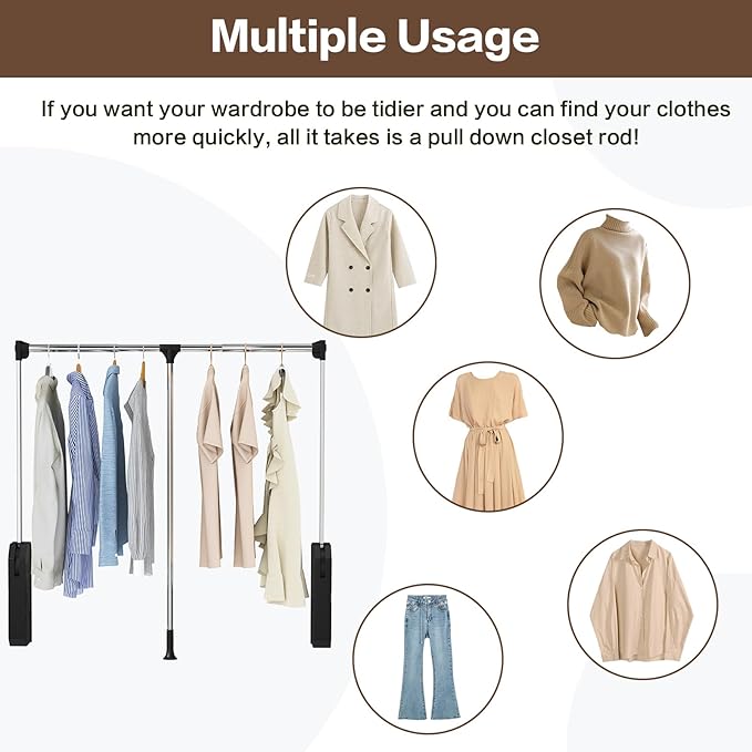Pull Down Closet Rod - Adjustable 26-35 Inch Heavy Duty Hanging Rod with Soft-Close, Side & Back Mounted, 60 lbs Capacity for Closet & Wardrobe Organization