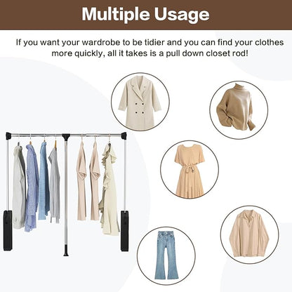 Pull Down Closet Rod - Adjustable 26-35 Inch Heavy Duty Hanging Rod with Soft-Close, Side & Back Mounted, 60 lbs Capacity for Closet & Wardrobe Organization