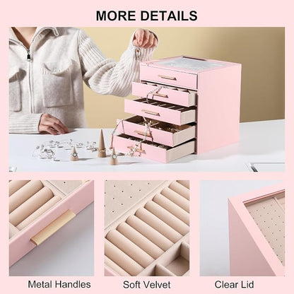 Frebeauty Clear Lid Jewelry Box,5-Layer Jewelry Organizer with Drawer,PU Leather Jewelry Organizers and Storage,Jewelry Boxes for Women,Jewelry Storage for Rings Earring Stud,Gift for Women(Pink)