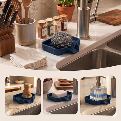 MicoYang Silicone Soap Dish with Drain Spout, Self-Draining Sink Organizer Tray for Bathroom and Kitchen, Sponges, Dispensers & Soap Holder, Non-Slip & Dishwasher Safe, Navy Blue (Compact, 4.9"×3.2")