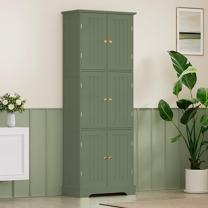 ChooChoo Tall Bathroom Storage Cabinet with 6 Doors, Freestanding Floor Cabinet with Adjustable Shelves, Green Pantry Cabinet for Bathroom, Kitchen, Laundry Room