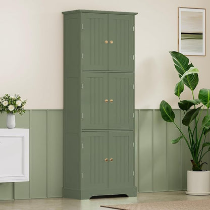ChooChoo Tall Bathroom Storage Cabinet with 6 Doors, Freestanding Floor Cabinet with Adjustable Shelves, Green Pantry Cabinet for Bathroom, Kitchen, Laundry Room