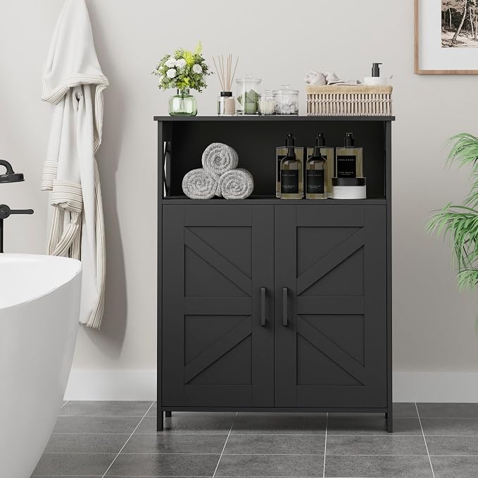 Homhedy Farmhouse Bathroom Storage Cabinet with 2 Doors, Toilet Paper Cabinet with Adjustable Shelf, Small Bathroom Cabinet for Kitchen/Laundry/Living Room, 11.8 x 23.6 x 31.5 Inches, Black