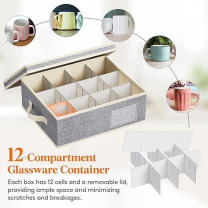 Lifewit 3 Pcs of Mug, Champagne and Wine Glass Storage Box with Dividers, Stackable Cationic Hard Shell Stemware Organizer with 36 Cells, Foldable Dustproof China Containers for Moving, Light Grey
