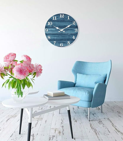 XFM Blue Wooden Wall Clock 14 Inch Silent Wall Clocks Battery Operated Decorative Farmhouse Rustic Wall Clock for Kitchen Living Room Office