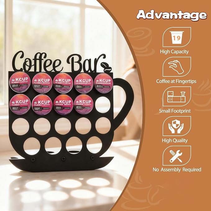 Metal K Cups Coffee Pod Holder, 19 Pods Holder Display,Coffee Bar Organizer for Home ,Kitchen,Office or Workspace, Black frosted Capsule Storage | Stylish Lettering Decor (Coffee Bar)
