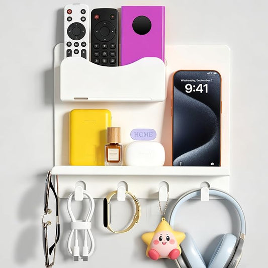 Bedside Shelf Wall Mount, Adhesive Bedside Shelf Accessories Organizer with Hooks and Cable Clips,Dorm Bedside Wall Storage for Phone, Remote, Earphone,Plastic (White)
