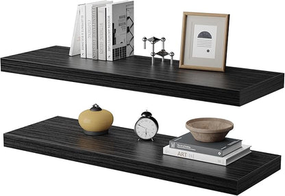 JPND Wall Shelf Set of 2,Dark Wood Floating Shelves 30 in W x 10 in D x 1 in H, Wooden Floating Wall Shelf with Invisible Brackets for Living Room/Bedroom/Bathroom/Kitchen Storage and Decor