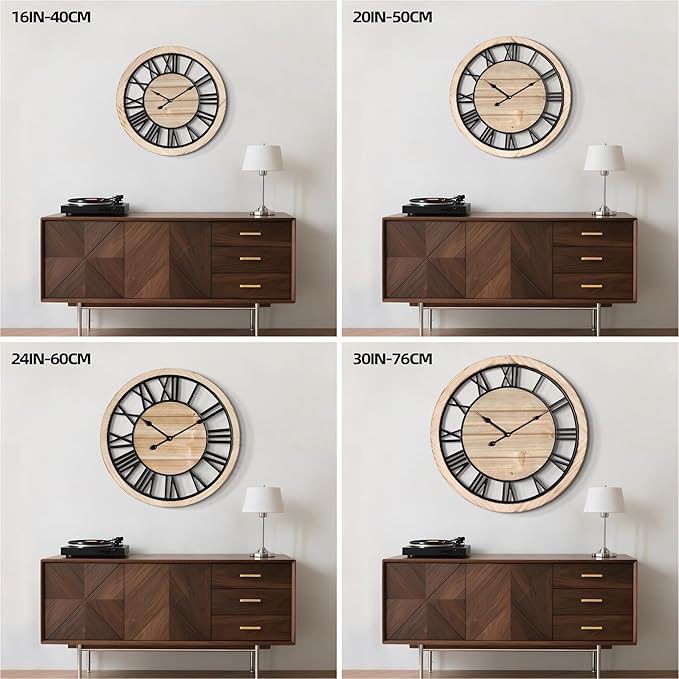 LEIKE 30 Inch Extra Large Wall Clock - Rustic Wooden Nearly Silent Wall Clock with Black Metal Frame, Vintage Farmhouse Decorative for Living Room, Bedroom, Kitchen - Roman Numerals, Modern Design
