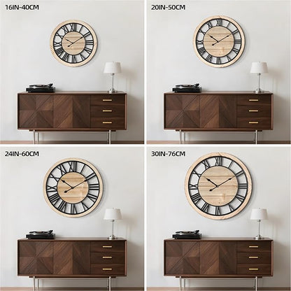 LEIKE 30 Inch Extra Large Wall Clock - Rustic Wooden Nearly Silent Wall Clock with Black Metal Frame, Vintage Farmhouse Decorative for Living Room, Bedroom, Kitchen - Roman Numerals, Modern Design