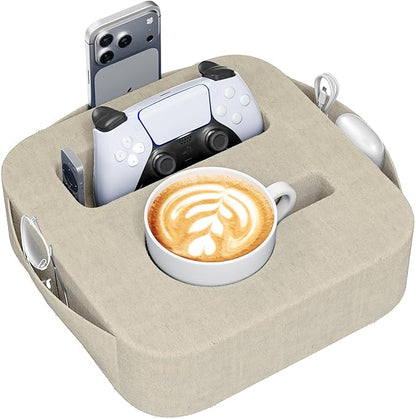 Couch Cup Holder Pillow, Couch Caddy for Drink, Snack, Phone, Remote, Game Controller, Removable and Washable Cup Cozy Pillow, Small Sofa Cup Holder Tray for Bed, Car, Desk, Sofa, Khaki