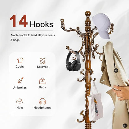 Wooden Coat rack freestanding, Coat racks stand with 14 Hook, Heavy duty coat tree standing 3 Adjustable Heights for Bedroom, Entryway, Hallway, Office,Stury Base (Light brown)