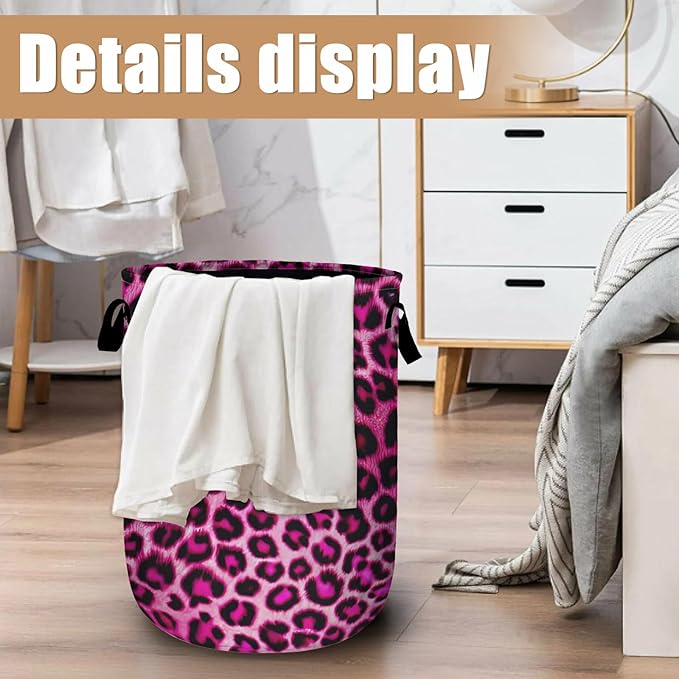 Pink Leopard Print Laundry Basket, Foldable Animal Skin Laundry Hamper Tote Bag Dirty Clothes Storage Bucket Toy Organizer for Bathroom/Laundry/Bedroom 15.7"x19.6"