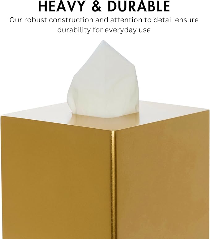 Yew Design Gold Square Tissue Box Cover, Decorative Tissue Box Dispenser for Bathroom, Parlors, Office, Bedroom Dresser, Vanity Countertop, Nightstand, Car, and Desk