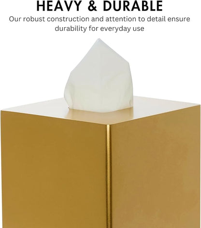 Yew Design Gold Square Tissue Box Cover, Decorative Tissue Box Dispenser for Bathroom, Parlors, Office, Bedroom Dresser, Vanity Countertop, Nightstand, Car, and Desk