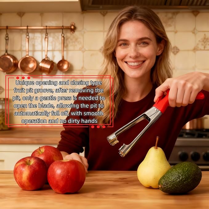 Premium Stainless Steel Apple Corer, Professional Fruit Core Remover Tool with Ergonomic Red Handle, Serrated Blades for Apples, Pears, Peaches, Plums, Easy Use & Clean (Red)