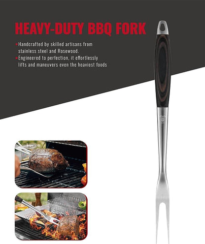 Grilaz Stainless Steel BBQ Tool Set | Dark-Dyed Wood Handles | Heavy Duty Grilling Accessories | 3-Piece Outdoor Barbecue Grill Utensil Set with Spatula, Fork, and Tongs - Ideal Gift for Men…