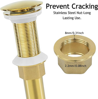 Bathroom Sink Drain, Gold Drain Stopper Bathroom Sink Without Overflow,Pop Up Drain Assembly Without Detachable Strainer Basket,Built-in Anti-Clogging Strainer,Stainless Steel Gold