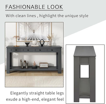 Knocbel Console Table Hallway Sofa Entryway Side Table 63" Long Furniture with 4 Drawers and Bottom Shelf for Living Room Home Decor, Tan