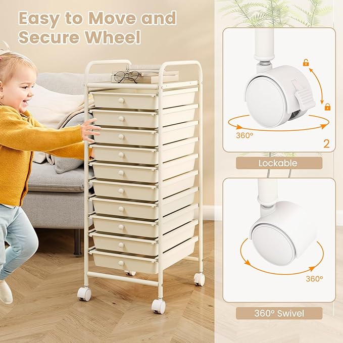 RELAX4LIFE 10 Drawer Rolling Cart - Slim Storage Cart w/Lockable Wheels for Classroom School Teacher Office, Art Supplies Paper Scrapbook Craft Organizers, Utility Cart with Drawers (White)
