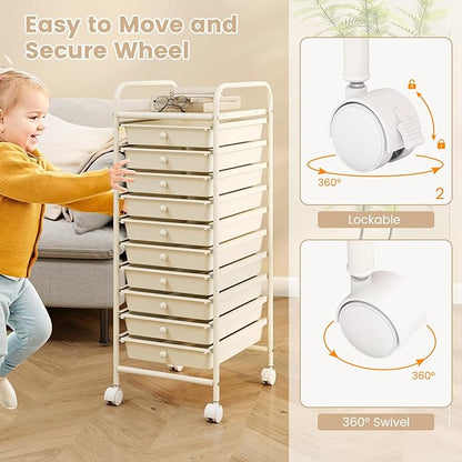 RELAX4LIFE 10 Drawer Rolling Cart - Slim Storage Cart w/Lockable Wheels for Classroom School Teacher Office, Art Supplies Paper Scrapbook Craft Organizers, Utility Cart with Drawers (White)