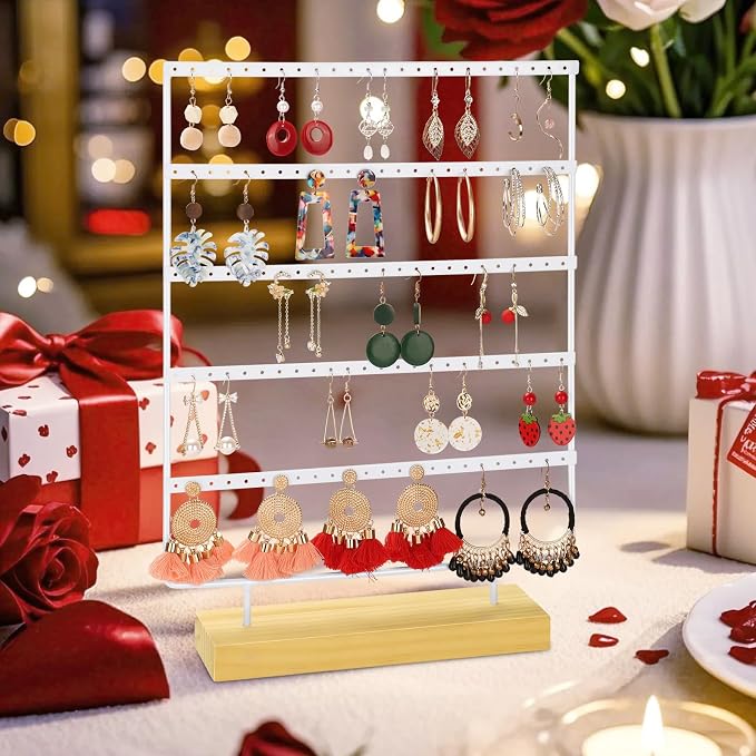 Earring Holder Organizer, 5-Tier Earring Organizer with 60-Pair Capacity, Wooden Base Metal Earring Display, Jewelry Storage & Display for Home Store, Suitable for Women