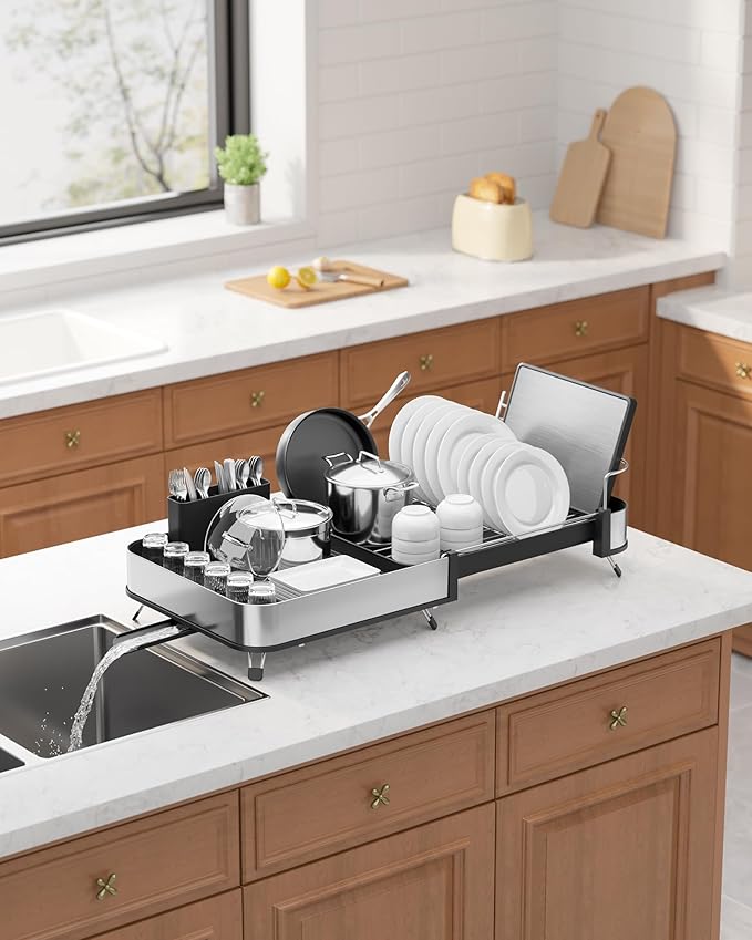 Kitsure Dish Drying Rack - Expandable Stainless Steel Dish Racks for Kitchen Counter, Auto-Drain Drying Rack for Kitchen with Cutlery Holder & Non-Slip Feet, 16.1-26.6" L x 12.6" W, Black