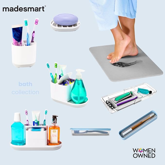 madesmart Bathtub Corner Shelf, Storage for Soaps, Shampoo Bottles & Bath Accessories, Strong Suction Cup, Drainage Holes, Grey
