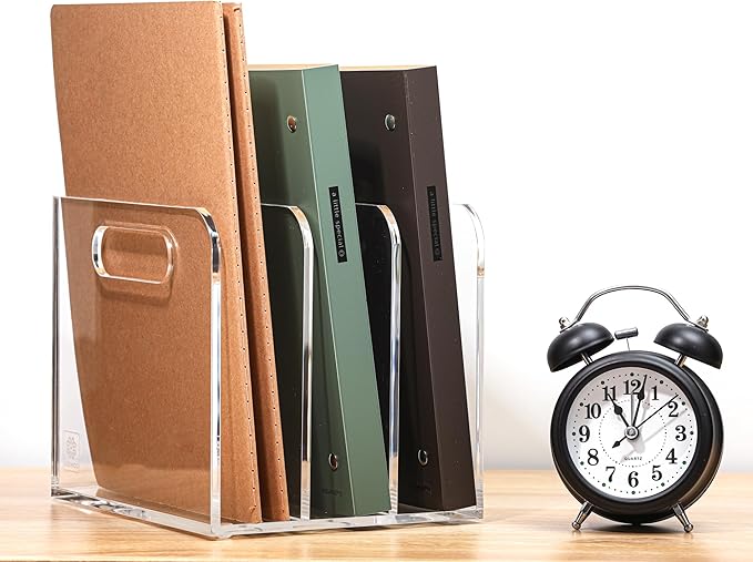 Acrylic Magazine File Holder, 3 Vertical Compartments Desk Document Sorter Organizer, Clear Folder Rack Binder for Office/Documents/Classroom, for Home, Tablet, Magazines, Books & Accessories