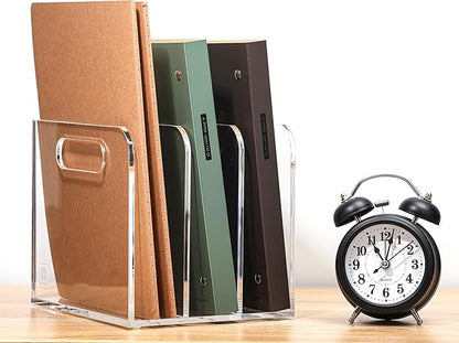Acrylic Magazine File Holder, 3 Vertical Compartments Desk Document Sorter Organizer, Clear Folder Rack Binder for Office/Documents/Classroom, for Home, Tablet, Magazines, Books & Accessories