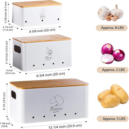 Metal Potato Onion and Garlic Storage Tin Set of 3, White Kitchen Vegetable Canisters with Bamboo Lid and Aerating Holes, Stackable Kitchen Keeper Storage for Countertop Pantry