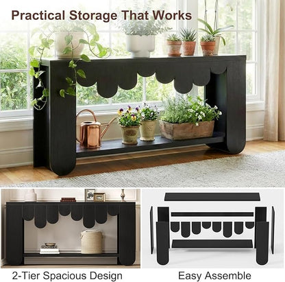IBF Black Console Table, 63” Long Wood Entryway Table with Storage, 2-Tier Modern Sofa Table Behind Couch for Home Living Room, Rectangular Entry Table for Hallway Entrance Foyer Front Door, Black Oak