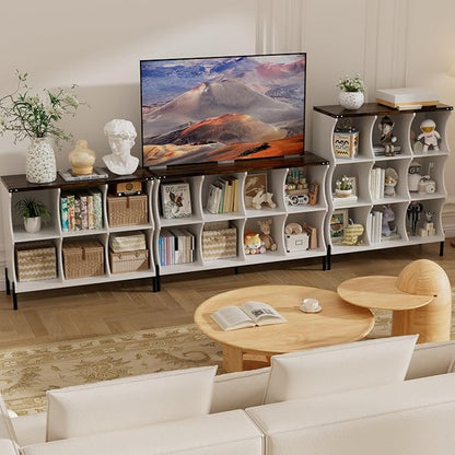 6 Cube Book Shelf, Low and Short Bookshelf, Long Cube Storage Organizer Wood TV Stand, Toy Organization DVD Cabinets for Living Room, Office, Bedroom, Dorm, White with Dark Brown Top