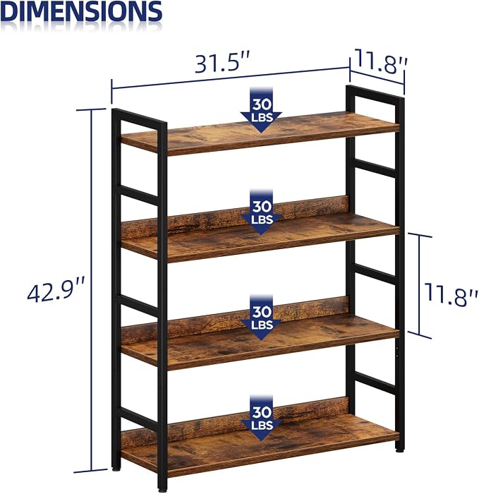 NUMENN 4 Tier Wide Bookshelf for Living Room and Home Office, Vintage | Bookshelves, Home Office Bookcase Shelf Storage Organizer, Free Standing Storage Shelving Unit for Bedroom