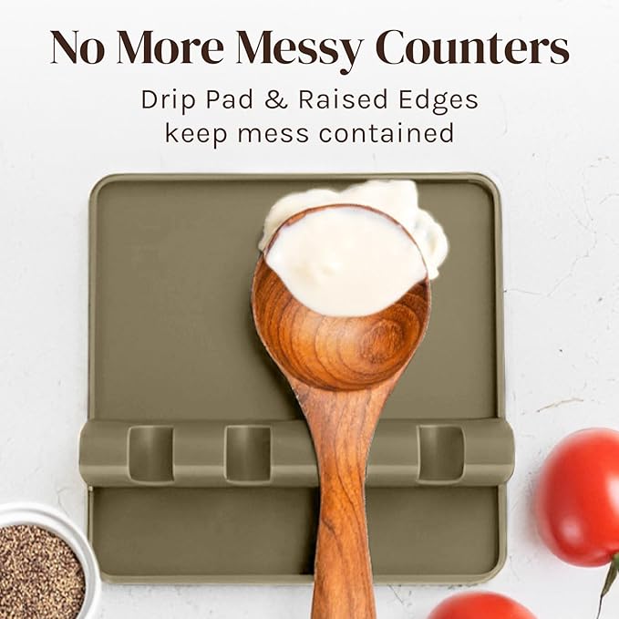 Cooler Kitchen Stone Silicone Spoon Rest for Stove Top with Drip Pad (Two Pack) - Heat Resistant BPA Free Utensil Rest & Spoon Holder for Kitchen Counter - Grill Utensil Holder - Spatula Holder