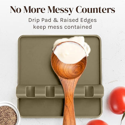 Cooler Kitchen Stone Silicone Spoon Rest for Stove Top with Drip Pad (Two Pack) - Heat Resistant BPA Free Utensil Rest & Spoon Holder for Kitchen Counter - Grill Utensil Holder - Spatula Holder
