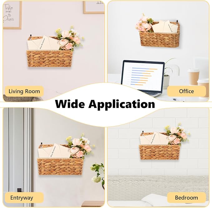 2 Pcs Woven Mail Holder Wall Mount Basket 9.25x1.57 Inch Rattan Wall Letter Holder Wicker Wall Basket Storage Water Hyacinth Hanging Storage Basket with Hooks Magazine Basket for Mail Envelope Office