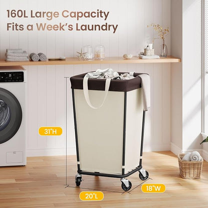 160L Laundry Basket with Wheels, 2-section Rolling Laundry Basket, Large Laundry Hamper with Wheels, Rolling Laundry Hamper Clothes Hamper for Home, Bathrooms and Dorm(Beige)
