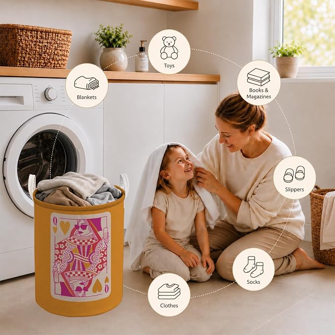 Trendy Pink and Orange Poker Laundry Basket, Preppy Queen of Hearts Playing Card Laundry Hamper Waterproof Collapsible Clothes Toys Storage Bin Organizer for Bedroom Bathroom Home